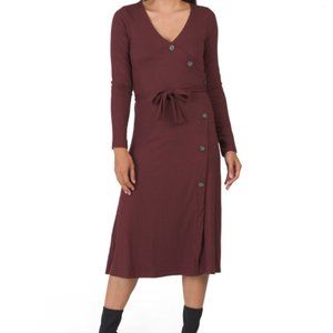 Mango Long Sleeve Maroon Knit Dress Ribbed Knit Midi Dress, Maroon, XS